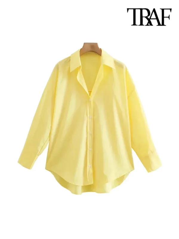 TRAF Women Fashion Office Wear Loose Poplin Solid Shirts Vintage Long Sleeve Button-up Casual Female Blouses Blusas Chic Tops 6