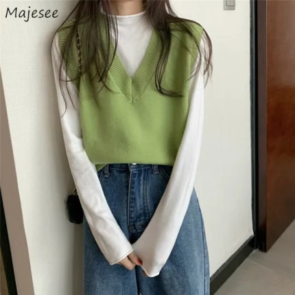 Sweater Vest Women Solid Autumn Winter All-match Leisure Outerwear Knitted V-Neck Sleeveless Female Elegant Chic Simple Harajuku 1