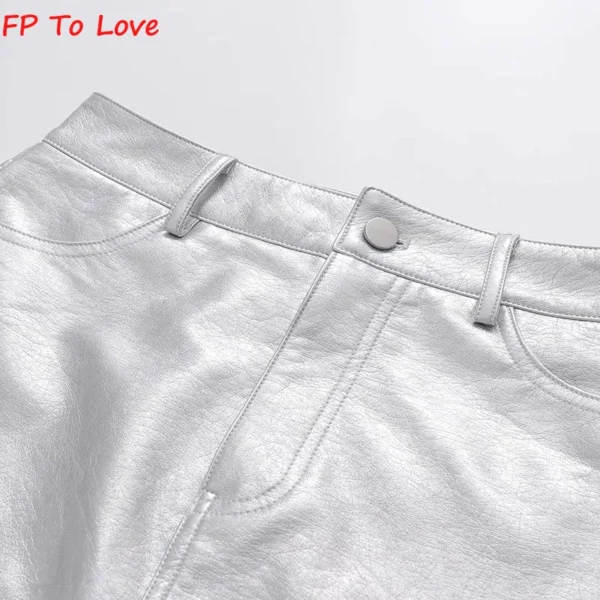 FP To Love French Silver PU Mini Skirts Metallic Sexy High Waist Hip Skirt Chic Retro Short A-Line Metal 3