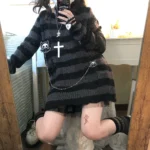 Karrram Pink Striped Gothic Sweaters Women Ripped Holes Loose Knitted Pullover Frayed Fairy Grunge Jumpers Emo Streetwear Lolita 5