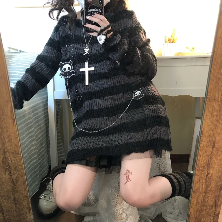Karrram Pink Striped Gothic Sweaters Women Ripped Holes Loose Knitted Pullover Frayed Fairy Grunge Jumpers Emo Streetwear Lolita 5