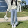 Pink Japanese Sweet Lolita Womens Kawaii High Waist Corduroy Pants Bow Lace Wide Leg Pants Y2k Clothes Casual Loose Cute Trouser 4