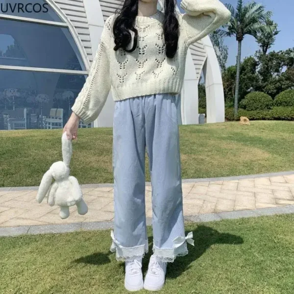 Pink Japanese Sweet Lolita Womens Kawaii High Waist Corduroy Pants Bow Lace Wide Leg Pants Y2k Clothes Casual Loose Cute Trouser 4