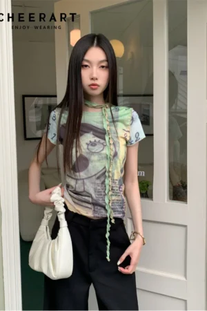 CHEERART Y2k Funny T Shirts For Women Tie Dye Crop Mesh Top Green Graphic Tees Summer Short T Shirt Fashion Designer Top