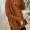 Women Mock Neck Pullovers Sweater High Quality Oversized Jumper Split Fall Winter Clothes Beige Purple Green 8 Colors  C-114 2