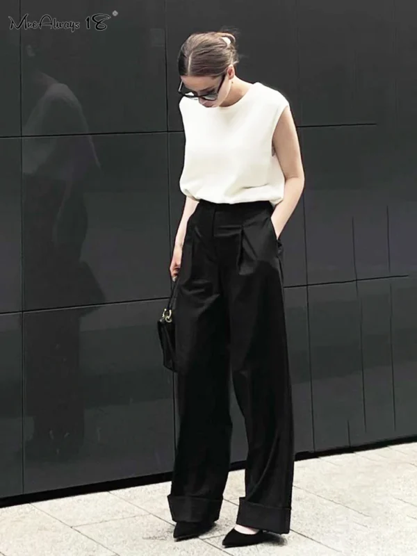 Mnealways18 Spring Summer Black Ladies Office Trousers Womens High Waist Pants Pockets Female Pleated Wide Legs Pants Solid 2024 3