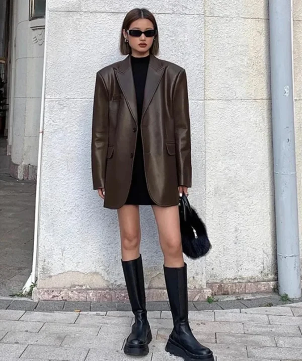 Women Black Brown Soft PU Leather Blazer Shoulder Pads Long Sleeve Single Breasted Loose Casual Jacket Tops Korean Fashion Coat 3