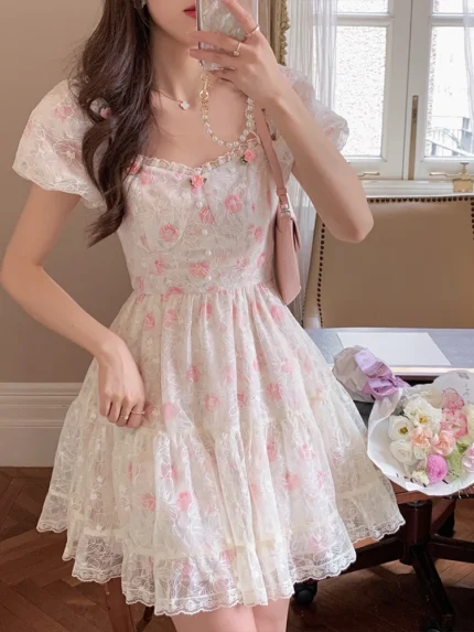 Floral Lace Korean Sweet Dress Women France Vintage Elegant Party Mini Dresses Female Print Casual Beach Boho Fairy Dress Summer 1