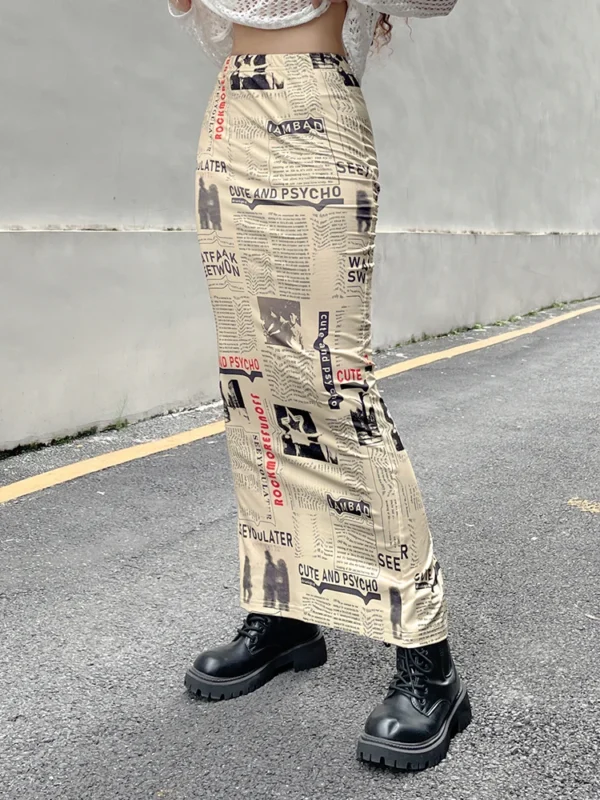 Darlingaga Vintage Newspaper Letter Print High Waist Long Skirt Women Distressed Harajuku Slim Pencil Skirts Aesthetic Y2K Chic 3
