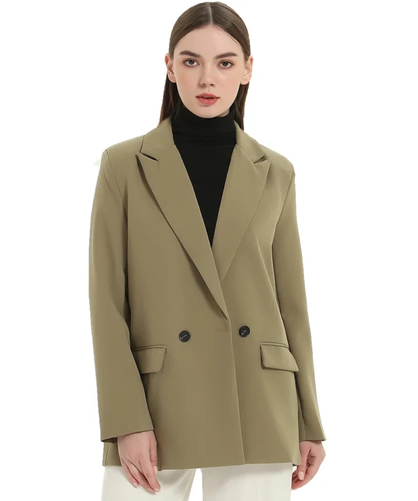 Autumn and spring women's blazer jacket casual solid color double-breasted pocket decorative coat 4