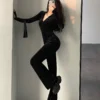 TVVOVVIN  Fashion Black Velvet Slim Hooded Zipper Long Sleeve Flare Pants Jumpsuit Rompers Korean Sexy Hot Tops 2023 9P64 4