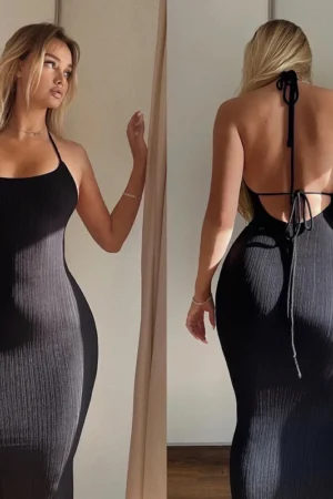 Elegant Spring Summer Women Retro Dress Square Collar Sleeveless Backless Lacing Sexy Bodycon Party Evening Mermaid Long Dress