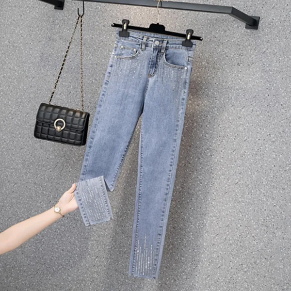 Vertical Lines Rhinestones Jeans Woman High Waist Pencil Pants Mujer Ankle Length Denim Fashion Stripe Jeans Woman Autumn 2