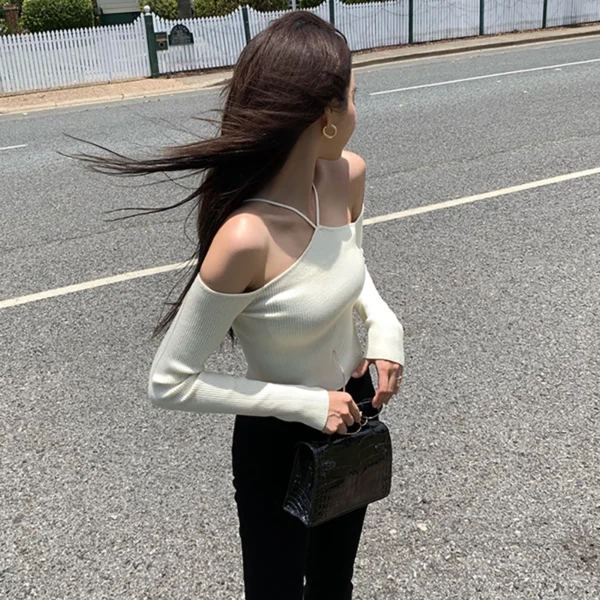 Sweater Mujer Sexy Off Shoulder Slim Knitted Sweaters White Black Women Pullovers Long Sleeve Top Pull Femme Vintage Knitwears 4