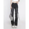 Women's Clothing Flare Jeans Black Lacing High Waist Stretchy Self Cultivation Vintage Casual Baggy Ladies Denim Trouser Summer