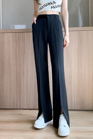 Women Black Front Slit Pants Chic Fashion Office Lady Long Straight Trousers Elastic High Waist Pencil Loose Trousers Jumpsuits 2