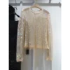 Summer New Ladies Temperament Rhinestone Round Neck Long Sleeve Bright Starlight Hollow Shiny Bottoming Shirt Women's Top Trend 3