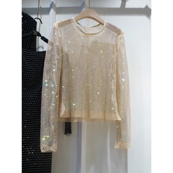 Summer New Ladies Temperament Rhinestone Round Neck Long Sleeve Bright Starlight Hollow Shiny Bottoming Shirt Women's Top Trend 3