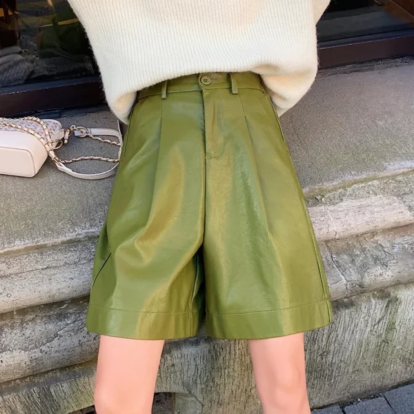 QOERLIN S-4XL Fashion PU Leather Shorts Women's Autumn Winter Bermuda Elastic Waist Loose Five Points Leather Trousers Shorts 3