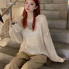 Long Sleeve See Through Hollow Out Loose Sweater Lady O Neck Pullover Thin Jumper 2023 Korean Summer Autumn Fashion New Women's 4