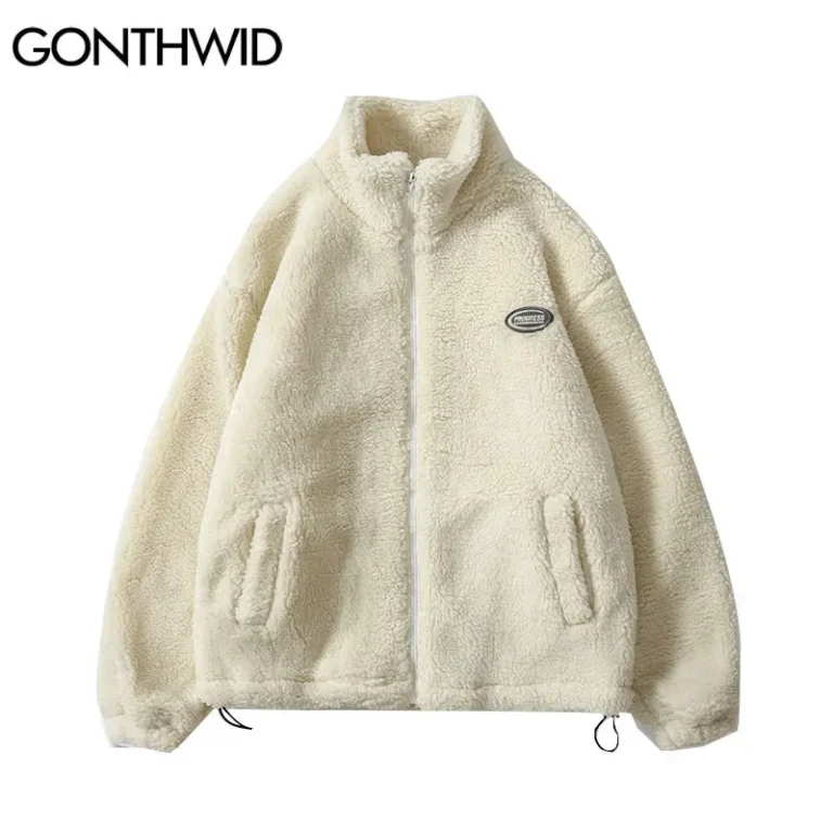 Hip Hop Winter Fleece Fluffy Jacket Streetwear Harajuku Fuzzy Zipper Coat Men Autumn Solid Color Lightweight Jackets Black Beige 1