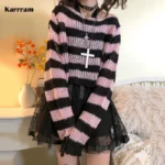 Karrram Pink Striped Gothic Sweaters Women Ripped Holes Loose Knitted Pullover Frayed Fairy Grunge Jumpers Emo Streetwear Lolita 1