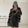 LMQ NEW Women Punk Gothic Striped Long Sleeve Loose Patchwork Sweater Hip Hop Retro Oversize Pullover Casual Knitted Jumpers 3