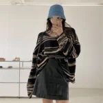 LMQ NEW Women Punk Gothic Striped Long Sleeve Loose Patchwork Sweater Hip Hop Retro Oversize Pullover Casual Knitted Jumpers 3