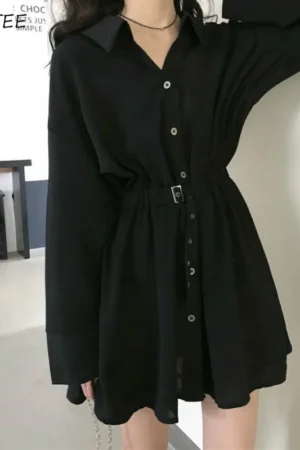Dress Women Pure Turn-down Collar Button Long Sleeve Collect Waist Elegant Fashion Black Clothing Fall 2020 Hepburn Vestido Chic