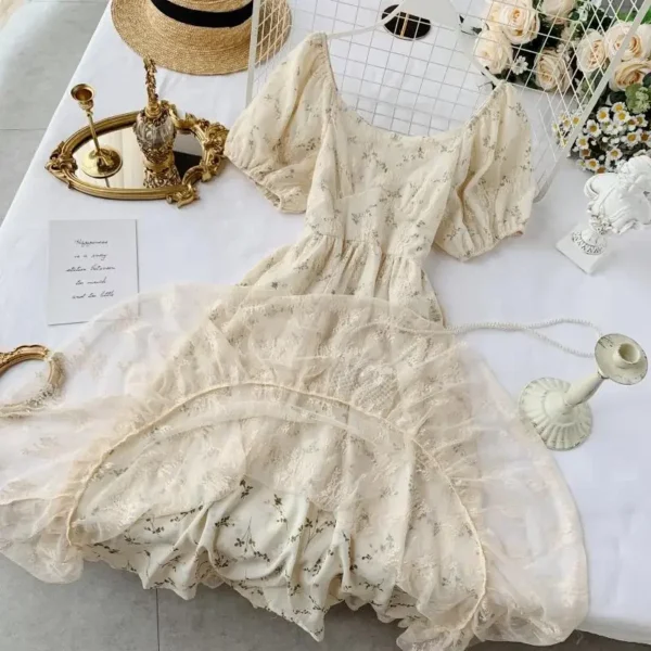 Summer Fairy Dress Women French Style Vintage Retro Chiffon Dress Puff Sleeve Casual Elegant Floral Print Dress Women 2024 New 4