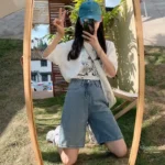 Feynzz Fashion Summer Half Women Denim Shorts High Waist Belted Loose Female Short Jeans  Streetwear 2