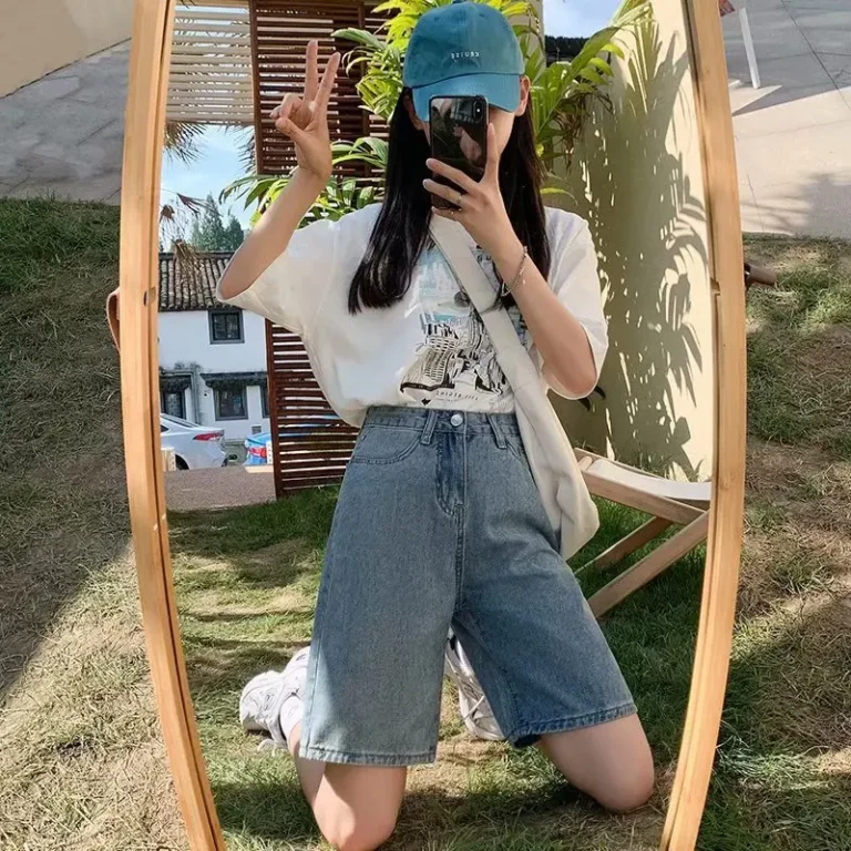 Feynzz Fashion Summer Half Women Denim Shorts High Waist Belted Loose Female Short Jeans  Streetwear 2