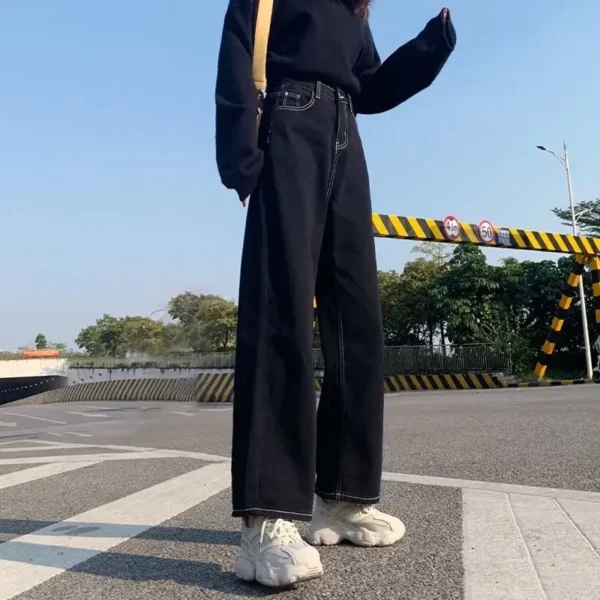 Jeans Women All-match Korean Style Mopping Trousers Denim Vintage Black Solid High Waist Autumn Baggy Chic Street Casual 2