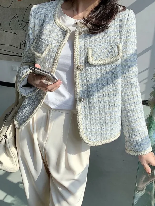 High Quality French Vintage Small Fragrance Tweed Jacket Coat Women's Spring Autumn Casual Fried Street Short Coat Plaid Outwear 4