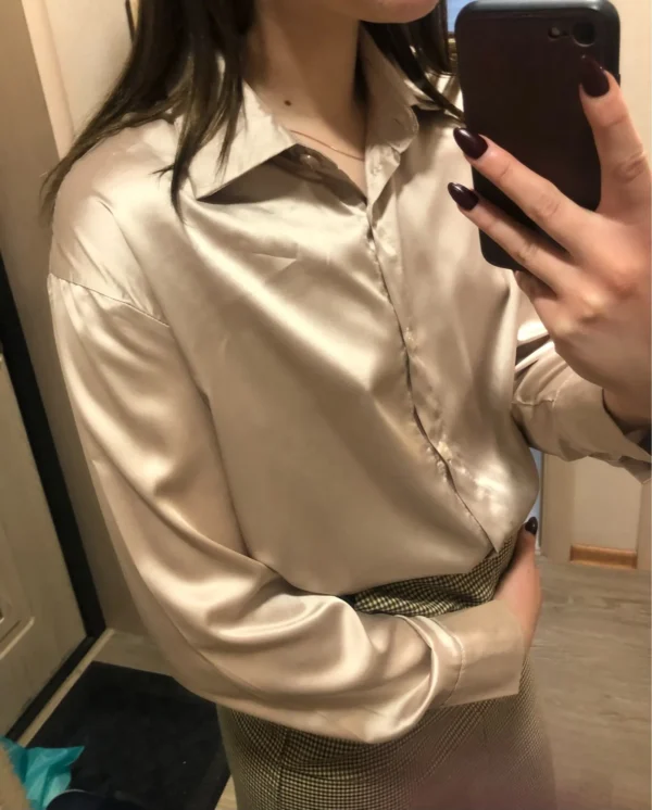 Autumn Fashion Button Up Satin Shirt Vintage Blouse Women White Lady Long Sleeves Female Loose Street Shirts 11355 4