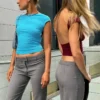 Y2K Sexy Backless Crop Top Women Casual 2023 Summer Short Sleeve O Neck T Shirts Streetwear Fit Slim Pullovers Base Tees T-Shirt 2