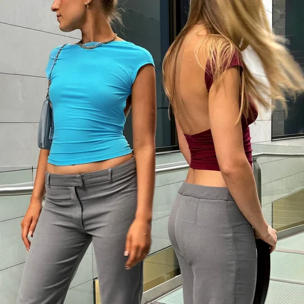 Y2K Sexy Backless Crop Top Women Casual 2023 Summer Short Sleeve O Neck T Shirts Streetwear Fit Slim Pullovers Base Tees T-Shirt 2