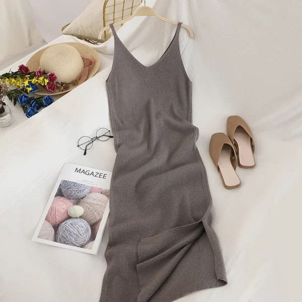 OCEANLOVE V Neck Solid Knitted Dresses Casual All Match Simple Fashion Korean Women Dress Elegant Vestidos New Clothes 15517 6