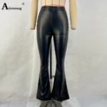 Women Fashion Street PU Leather Pants Female Elastic Waist Slim Trouser Girls High Cut Flare Pants Black Soft Faux Leather Pant 5