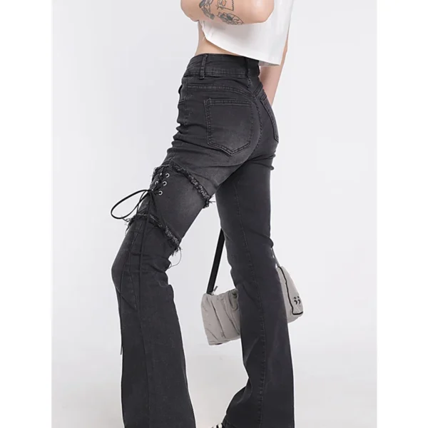 Women's Clothing Flare Jeans Black Lacing High Waist Stretchy Self Cultivation Vintage Casual Baggy Ladies Denim Trouser Summer 4