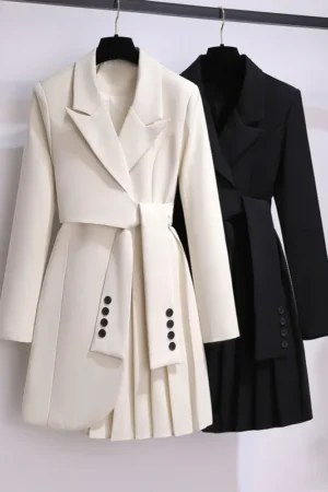 Elegant Long Blazer Pleated Women Notched Long Sleeve Tunic Sashes Solid Slim Loose Blazers Female Fashion New Spring Autumn