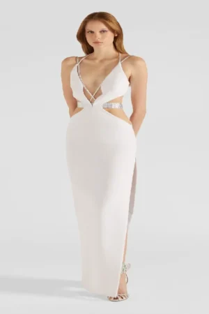 Fashion Elegant Women's Dress White Rhinestone Sling  Long Skirt Chic Celebrity Party Vestidos Sexy Hollow Out Backless Wear