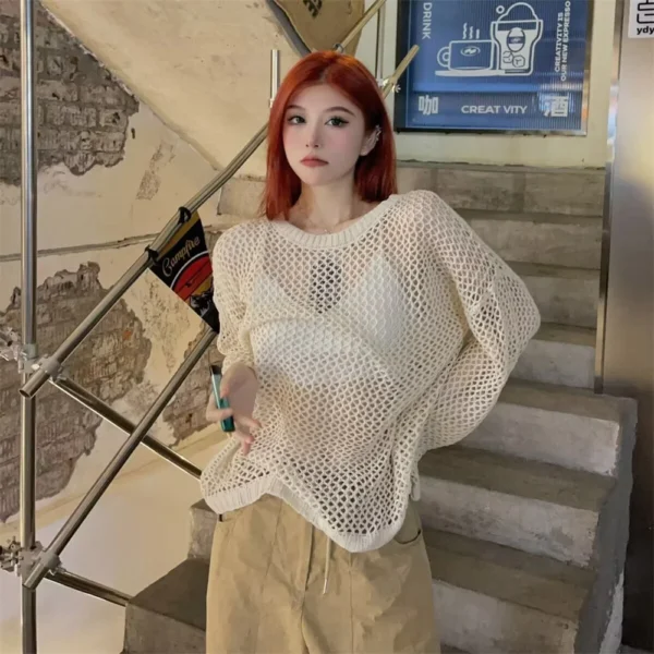 Long Sleeve See Through Hollow Out Loose Sweater Lady O Neck Pullover Thin Jumper 2023 Korean Summer Autumn Fashion New Women's 6