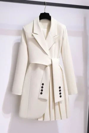 Elegant Long Blazer Pleated Women Notched Long Sleeve Tunic Sashes Solid Slim Loose Blazers Female Fashion New Spring Autumn 2