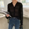 New 2023 Spring Vintage Elegant Women Chiffon Blouses Casual Long Sleeve Blusas Femme Turn-down Collar Solid Shirts Female Tops 5