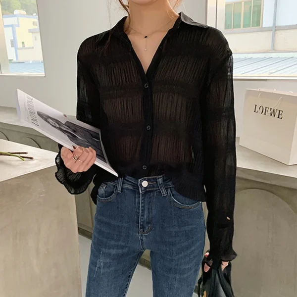 New 2023 Spring Vintage Elegant Women Chiffon Blouses Casual Long Sleeve Blusas Femme Turn-down Collar Solid Shirts Female Tops 5