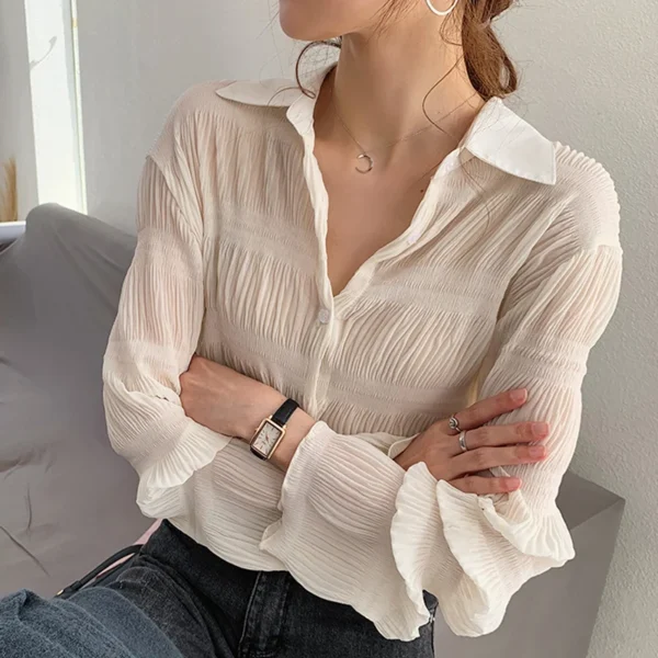 New 2023 Spring Vintage Elegant Women Chiffon Blouses Casual Long Sleeve Blusas Femme Turn-down Collar Solid Shirts Female Tops 2