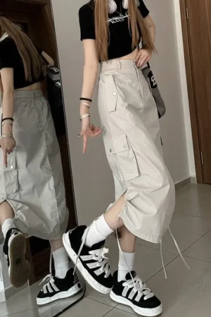 Y2K Drawstring Parachute Skirts Women High Street Side Split Cargo Long  Female Casual Multiple Pockets Maxi