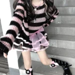 Karrram Pink Striped Gothic Sweaters Women Ripped Holes Loose Knitted Pullover Frayed Fairy Grunge Jumpers Emo Streetwear Lolita 4