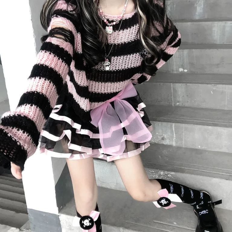 Karrram Pink Striped Gothic Sweaters Women Ripped Holes Loose Knitted Pullover Frayed Fairy Grunge Jumpers Emo Streetwear Lolita 4
